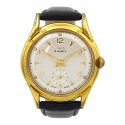 Oris gentleman's gold-plated and stainless steel manual wind wristwatch, silvered dial with subsidiary seconds dial, on black leather strap, boxed