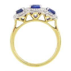 18ct gold sapphire and diamond cluster ring, three emerald cut sapphires, with round brilliant cut diamond surround, hallmarked, total sapphire weight approx 2.25 carat, total diamond weight approx 0.50 carat