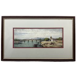 Gabriele Carelli (Italian c.1820-1900): Unloading on the River Quay with a Steam Train crossing the Viaduct in the Distance, watercolour signed 13cm x 35cm