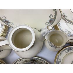 Royal Doulton Romance Collection Juliet pattern tea and dinner service for six, to include dinner plates, lidded tureen, teapot, teapots, saucers, jugs, sauce boat and stand, cake plate, coffee cans and saucers, soup bowls etc, including spares