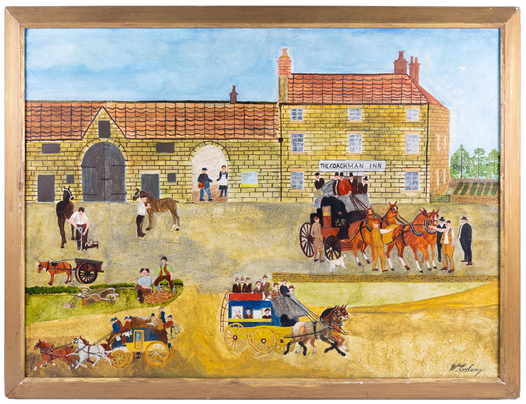 English Naive School (20th Century): The Coachman Inn - Snainton, oil on board indistinctly signed 70cm x 95cm 