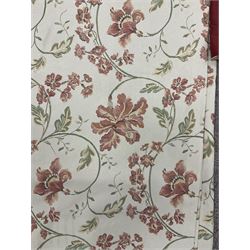 Pair of lined curtains with pelmet, pale ground fabric with scrolling foliate and flower head design (width at header - 247cm, drop - 280cm)