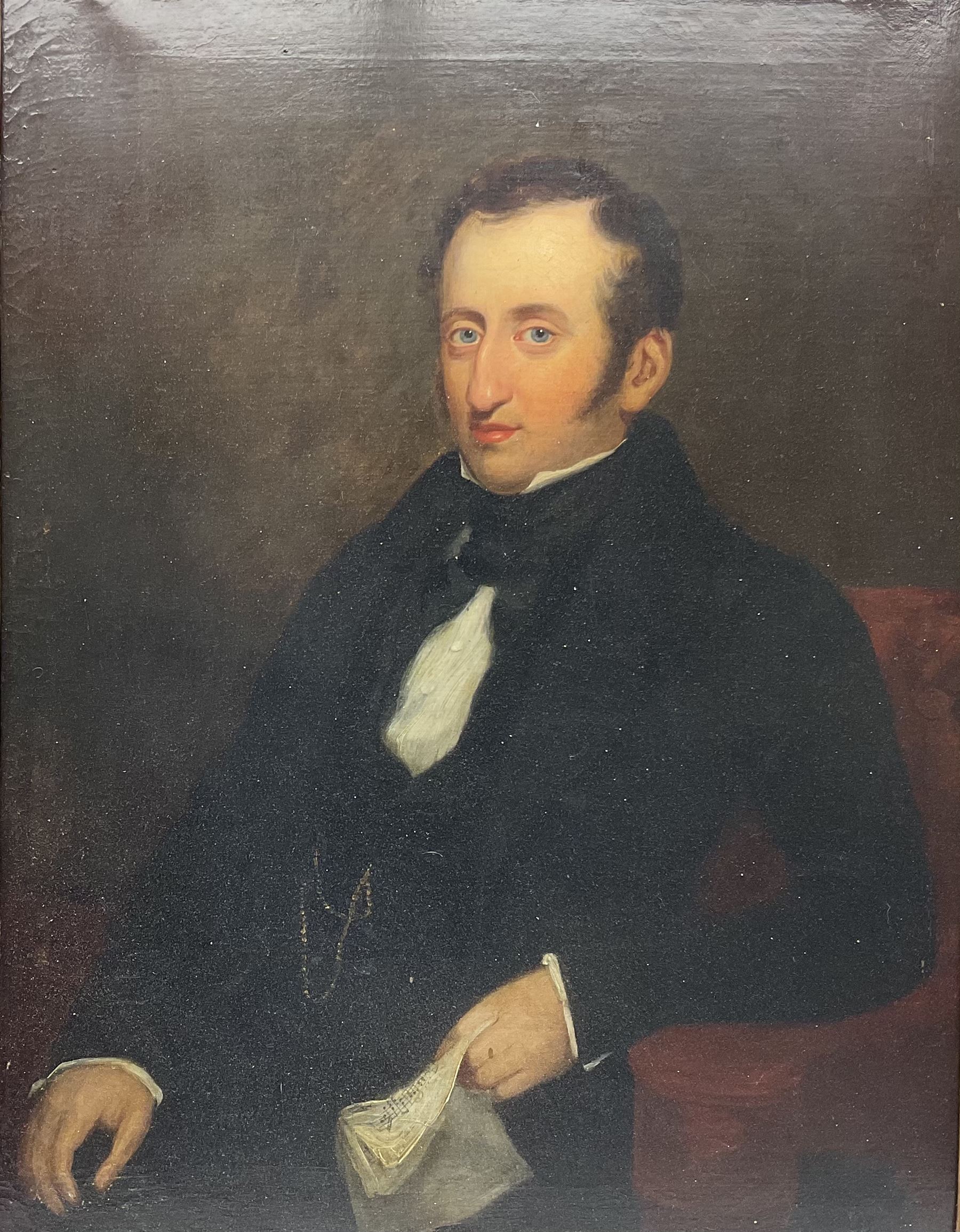English School (19th century): 'Joseph Clegg 1810-1846' holding musical score, oil on canvas unsigned, titled on the stretcher  90cm x 70cm