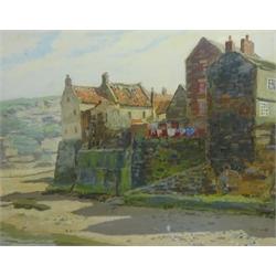 Staithes, 20th century oil on board signed by E C Clark 47cm x 59cm and View Looking out of Staithes, 19th century pastel dated 1895 unsinged 48cm x 73cm (2)  