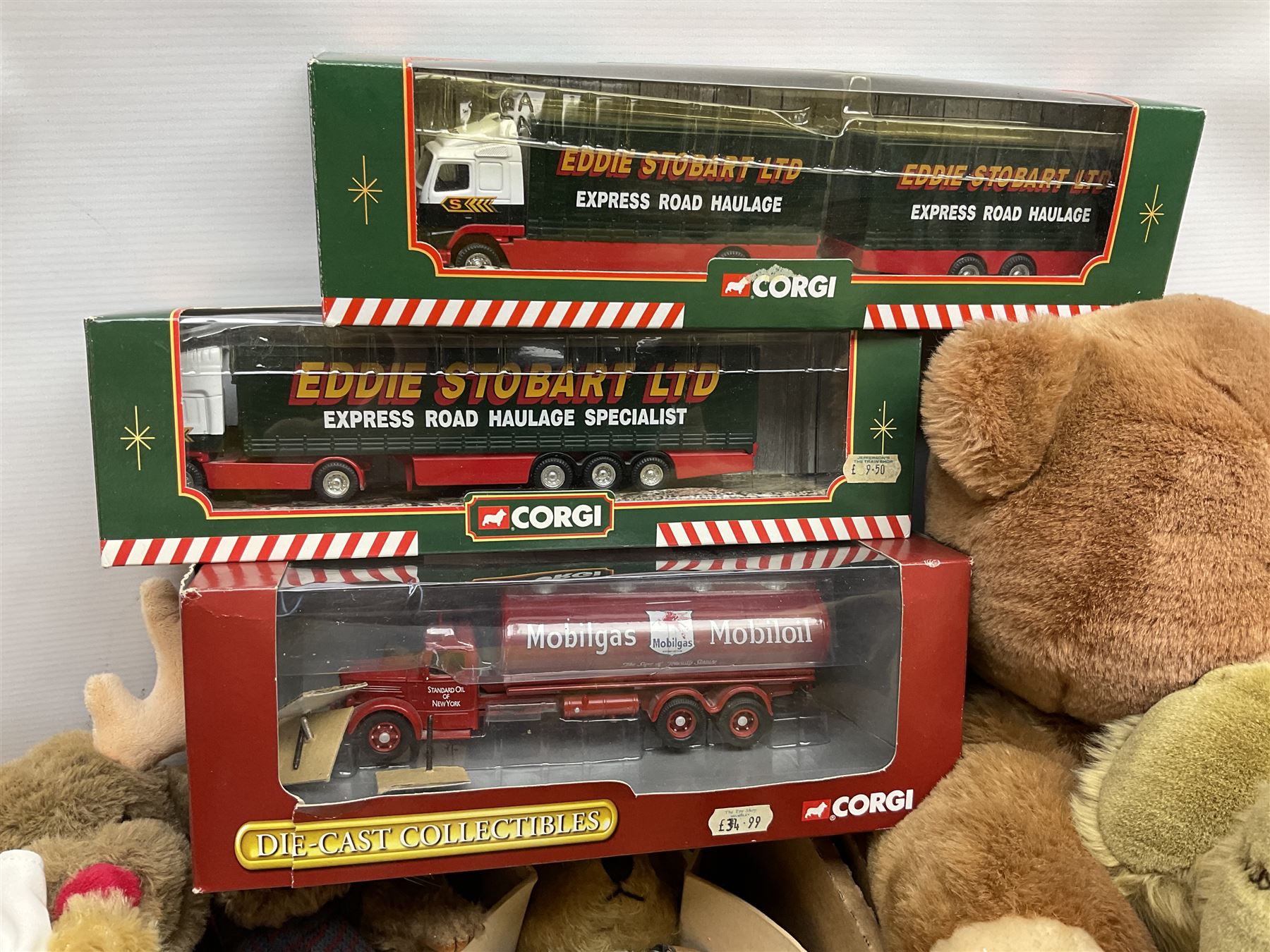 Large quantity of teddy bears together with boxed Corgi Mobilgas Mack LJ 6 tanker and two Corgi Eddie Stobart die cast lorries