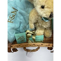 Merrythought for Fortnum & Mason teddy bear with blanket housed in wicker basket, bear H33cm