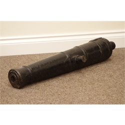  19th century cast iron canon barrel, four banded tapering from with twin mounting lugs, L82cm  