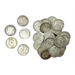 Approximately 200 grams of Great British pre 1920 silver one shilling coins, including King George IV 1825, Queen Victoria 1853, 1867, 1900, King Edward VII 1902, 1907, King George V 1915, 1918 etc