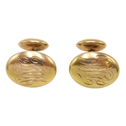 Pair of gold cufflinks with engraved initials, stamped 14K, approx 5.4gm
