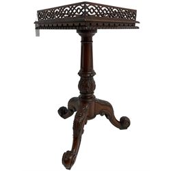 Chippendale design mahogany wine or urn table, square top with raised fretwork gallery over a gadrooned lower edge, fitted with pull-out slide, raised on turned and foliate carved vasiform pedestal with tripod base
