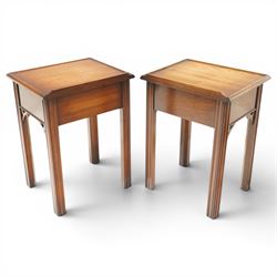 Pair of mahogany bedside tables, with quarter galleried top, single drawer with brass swan neck handle, pierced spandrels on fluted square supports  