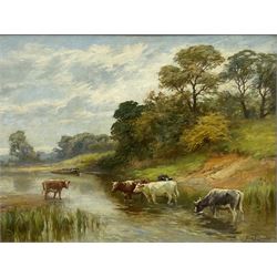 Frederick James Knowles (British 1874-1931): 'A Favourite Haunt' - Cattle Watering, oil on canvas signed, titled verso 44cm x 59cm