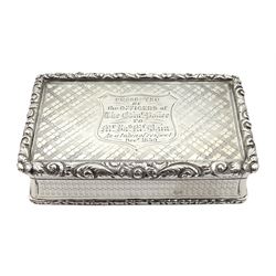 Victorian silver presentation snuff box, engraved floral border, engine turned decoration and central cartouche engraved 'Presented by the Officers of the Edinr Police to Mr Jas.. Bain as a Token of Respect Dec 1850', by Edward Smith, Birmingham 1846