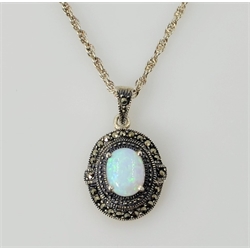 Opal and marcasite pendant necklace and three opal dress rings stamped 925 or sil