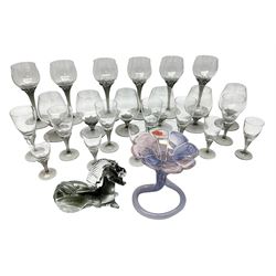 Murano glass figure of a recumbent horse, Murano Lavorazione purple and pink flower, and quantity of matching drinking glasses
