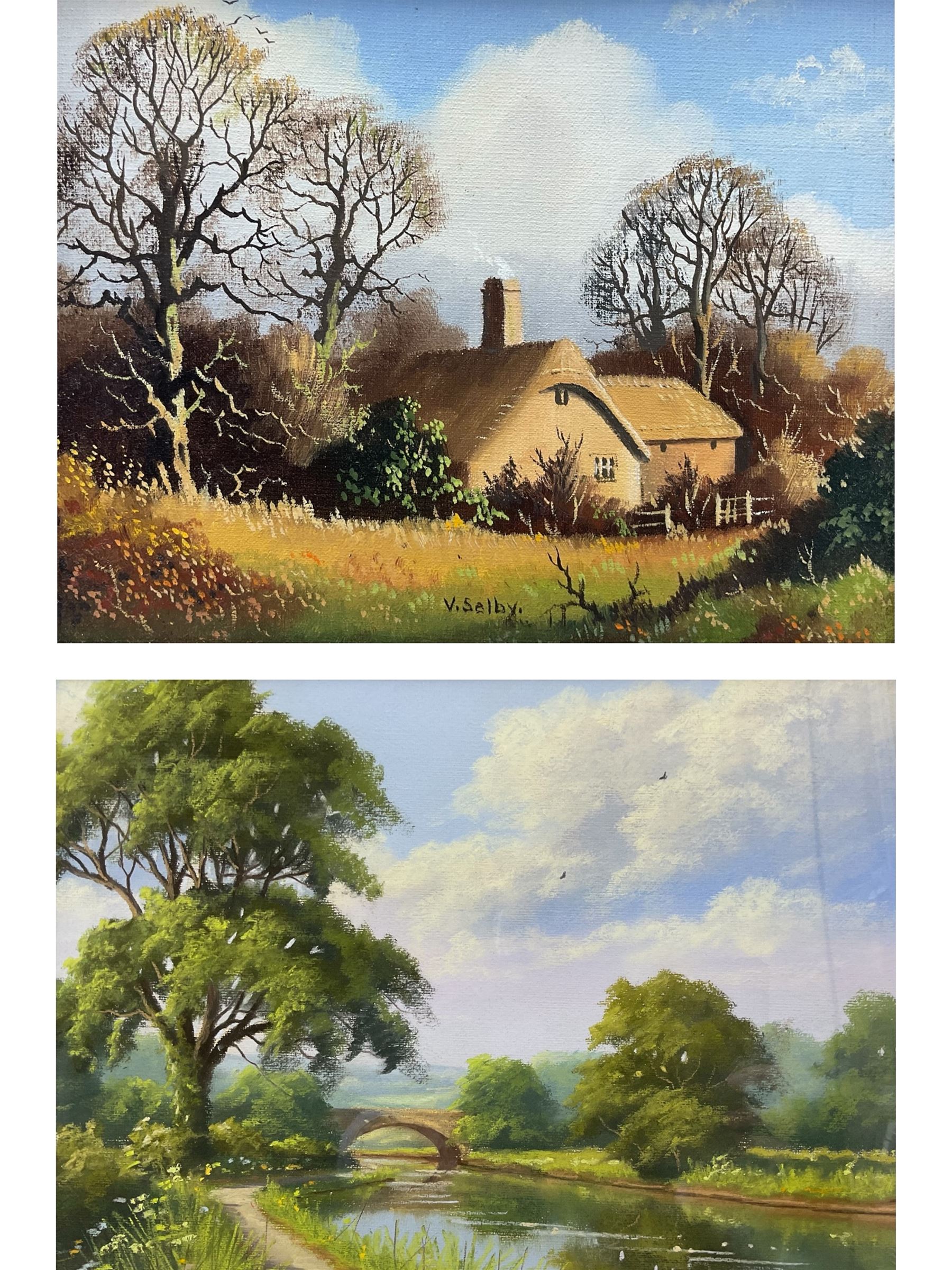 Vincent Selby (British 1919-2004): Cottage Scene, oil on canvas board signed 15cm x 19cm; Thomas Leighton (British 20th century): River and Stone Bridge, pastel unsigned, attributed verso 25cm x 36cm (2)