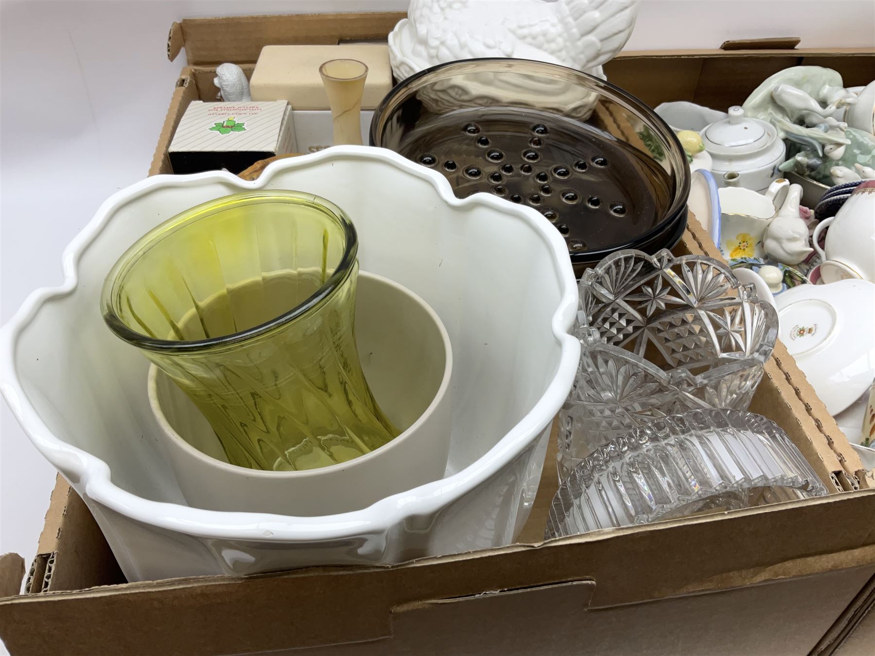 Set of four contemporary Mosa Holland tiles, three further tiles, Grayshott pottery clock, motto ware teacup and saucer, jug and mug, Royal Albert Old Country Roses, Chinese mud men figures, Spode etc and Quantity of ceramics and glassware to include art glass vase, Royal Grafton, Royal Doulton and Colclough dinner wares, Poole, copper lustre, vases etc in six boxes