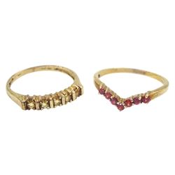Gold five stone citrine ring and a gold garnet wishbone ring, both hallmarked 9ct 