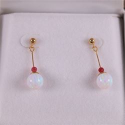 Pair of 9ct gold opal and ruby pendant earrings, boxed, L22mm