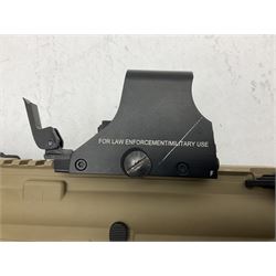 Combat Machine lithium battery powered airsoft BB rifle, 'Complete AEG Series' to fire 5mm pellets, with adjustable length stock L69cm non-extended; with six magazines, Trijicon ACOG red dot telescopic sight, battery charger etc (NO BATTERIES)