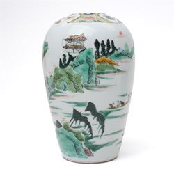 Chinese 18th/19th century Ming dynasty ceremonial teapot carrier, each side painted with scenes of ladies attending a tea ceremony, the internal teapot also painted with ladies in traditional dress, H13cm; together with a Chinese famille verte vase, painted with a traditional landscape, archaic mark to base, H14.5cm 