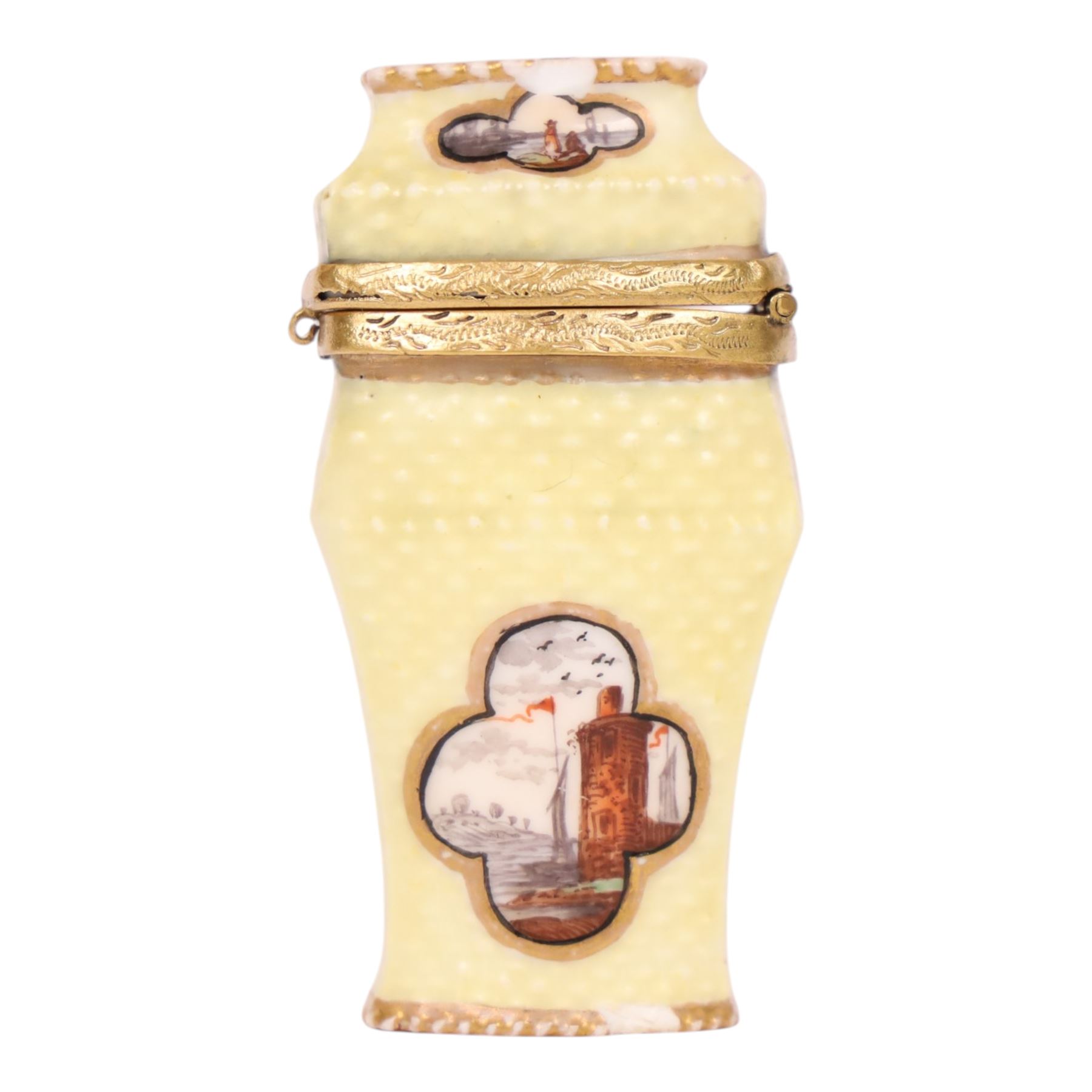 19th century continental etui or needle case, in the manor of Helena Wolfsohn, with six painted panels of marine themes upon textured yellow ground, H7cm
