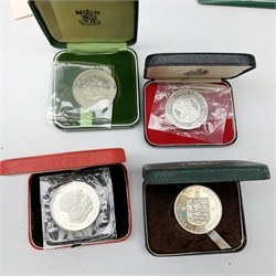  Queen Elizabeth II Cook Islands 1977 five dollars commemorative coin and stamp first day cover and five commemorative Silver Wedding Anniversary coins from various Countries, all being dated 1972, each individually cased (6)  