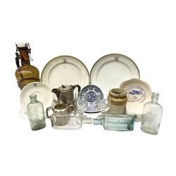  Doulton & Co stoneware Astrachan Caviare jar impressed imported by Wm. Tonge & Sons, Scale Lane, Hull, glass bottle for Hull City Asylum, three other Hull glass bottles and two wine glasses, cup/saucer with Hull New Theatre crest; Bohemian amber glass jug with Hull Brewery Co. Ltd. stopper; Walker & Hall catering plate hot water jug and sugar bowl with Hull Brewery crest; and seven plates/saucer of Hull interest (19)  