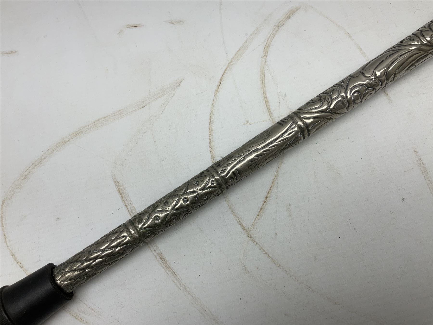 Reproduction non-firing flintlock pistol with brass skull crusher butt, the lock-plate inscribed 'Tower' and 'GR' L40cm; Sabre Japan Original Bowie Knife in sheath; and Indian embossed nickel two-piece walking cane (3)