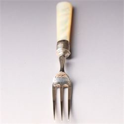 Set of twelve silver bladed fruit knives and forks with mother of pearl handles, the blades with engraved decoration, in oak case Sheffield 1920 Maker Allen & Darwin