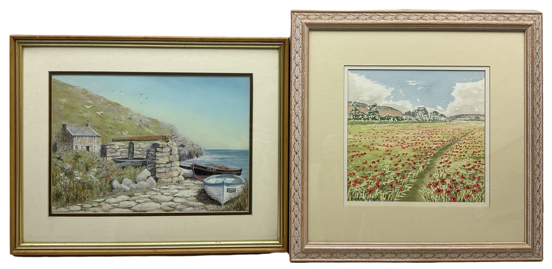 Eleanor Ludgate (British, 20th century): 'Poppy Field Near Ottery St Mary', watercolour signed, labelled and dated 1991 verso; P H Pearce (Cornwall 20th century): Penzance Boats on Coast, pastel signed max 24cm x 34cm (2) 