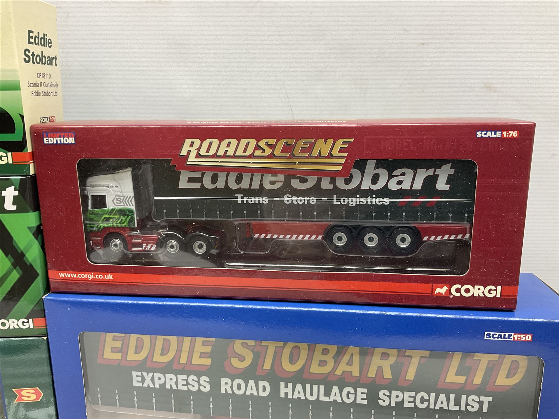 Corgi Eddie Stobart - Hauliers of Renown CC19904 Curtainside Trailer; two limited edition Scania R Curtainside CP18110 & CP18111; Roadscene CC18106 Scania R Curtainside; and three customer livery lorries CC86603  Sunpride, CC86604 Knauf and CC86702 The Mirror; all boxed (7)