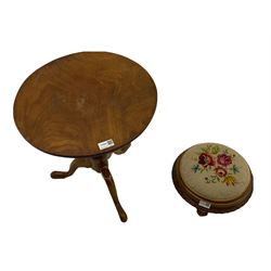 19th century mahogany tripod table, circular top with Embroidered pin cushion footstool 