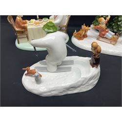 Three Coalport Characters The Snowman figures, comprising Dinner for Two, Off Piste and Winter Fun, all with certificates and original boxes 