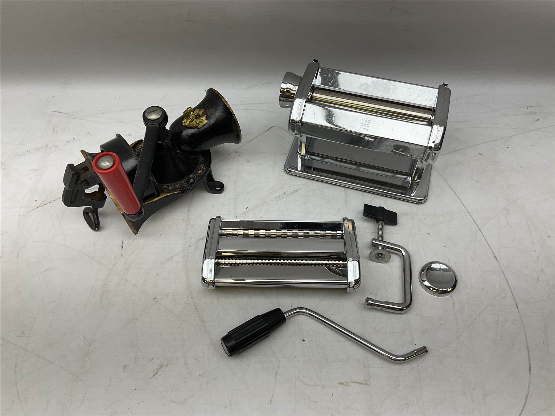 Spong & Co. no.3 table mounted coffee grinder and Ethos fetty pasta machine