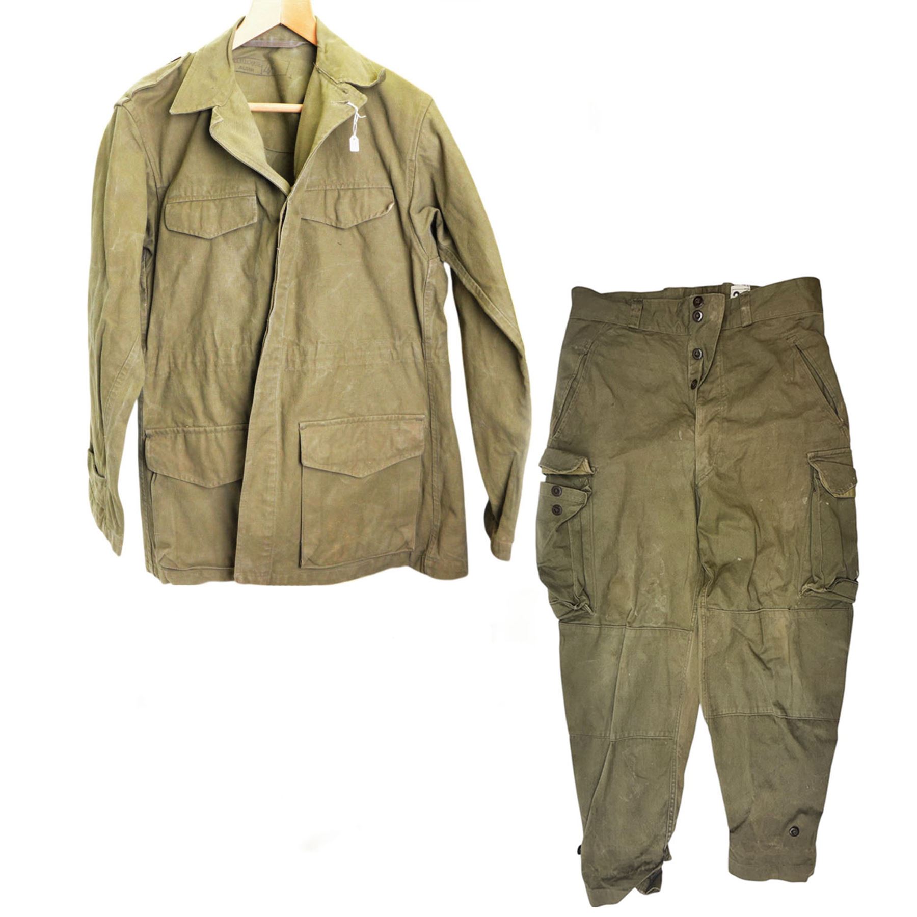 Algerian War French M47 combat tunic and trousers, the tunic marked G. Lellouche Alger 46 inside the collar, the trousers marked 25 U.T.A.H 