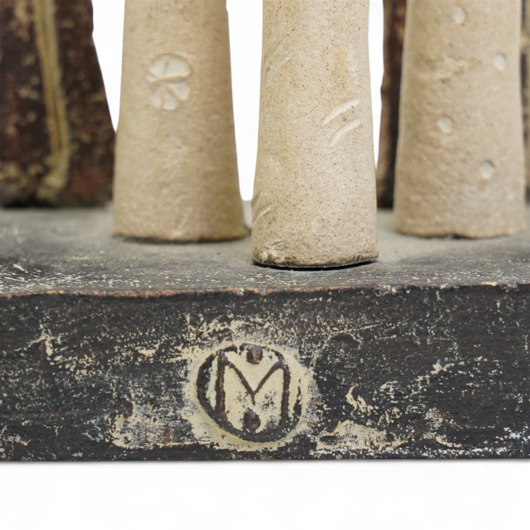 John Maltby (British 1936-2020): 'Three Figures and Archway', figural stoneware sculpture, signed titled and dated 2005 to base, impressed mark to front of base, W19cm H22cm