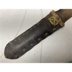 Scratch-built fighting/throwing knife, probably trench art, with 18cm steel spear type blade, plain cross-piece and French Lebel Rifle bayonet grip; in bras mounted studded leather sheath with belt hanger L29.5cm overall
