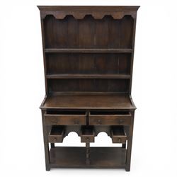 Titchmarsh & Goodwin - Georgian design compact dresser and plate rack, with moulded cornice, above two grooved shelves, above a dresser base with  two short over three small drawers, raised on stile feet united by an undertier