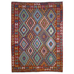 Turkish Anatolian kilim, flatwoven wool in vivid natural dyes, with repeating diamond gul ...