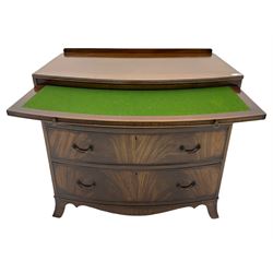 20th century mahogany bow front bachelors chest, moulded top over baize lined slide and three graduating drawers, shaped apron and splayed bracket feet
