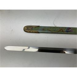 Three reproduction swords - Japanese katana and saya; Tai Chi sword with ornate scabbard; and dress sword with fullered triangular blade and horn handle (3)