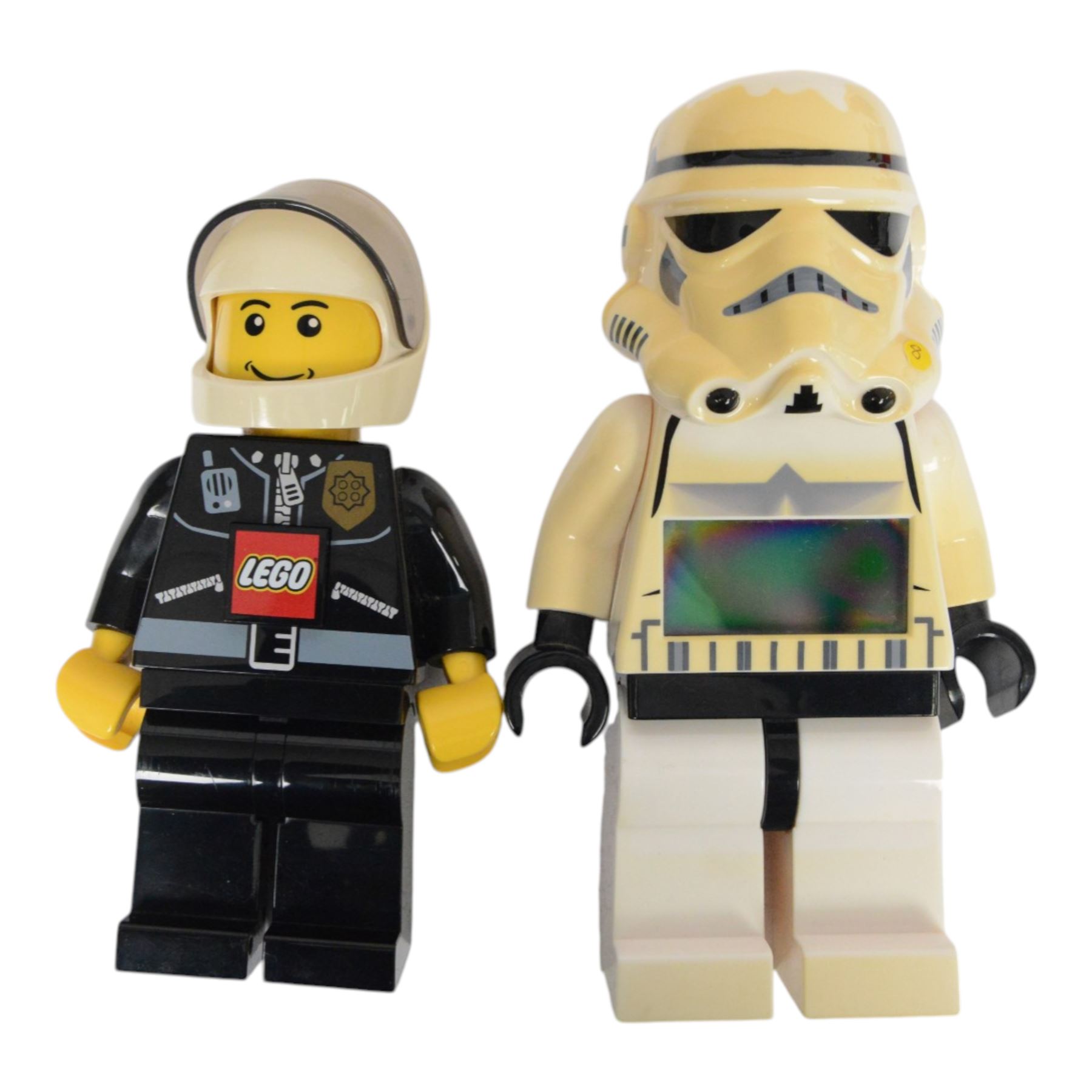 Collection of Lego minifigure alarm clocks and torches, including Batman, Superman, Storm Trooper, etc