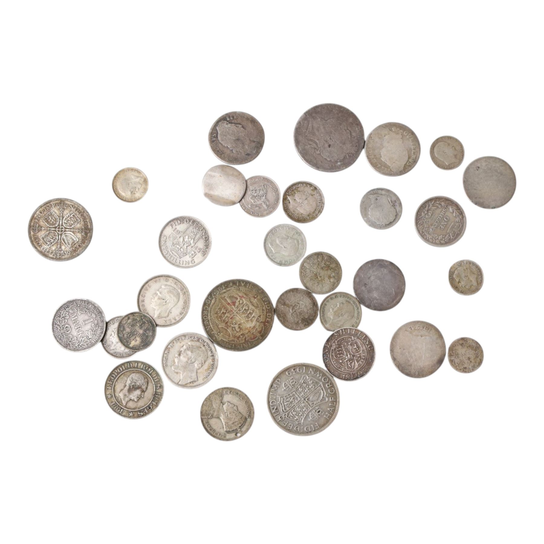 Approximately 60 grams of Great British pre-1920 silver coins, approximately 67 grams of Great British pre-1947 silver coins and five further World silver coins