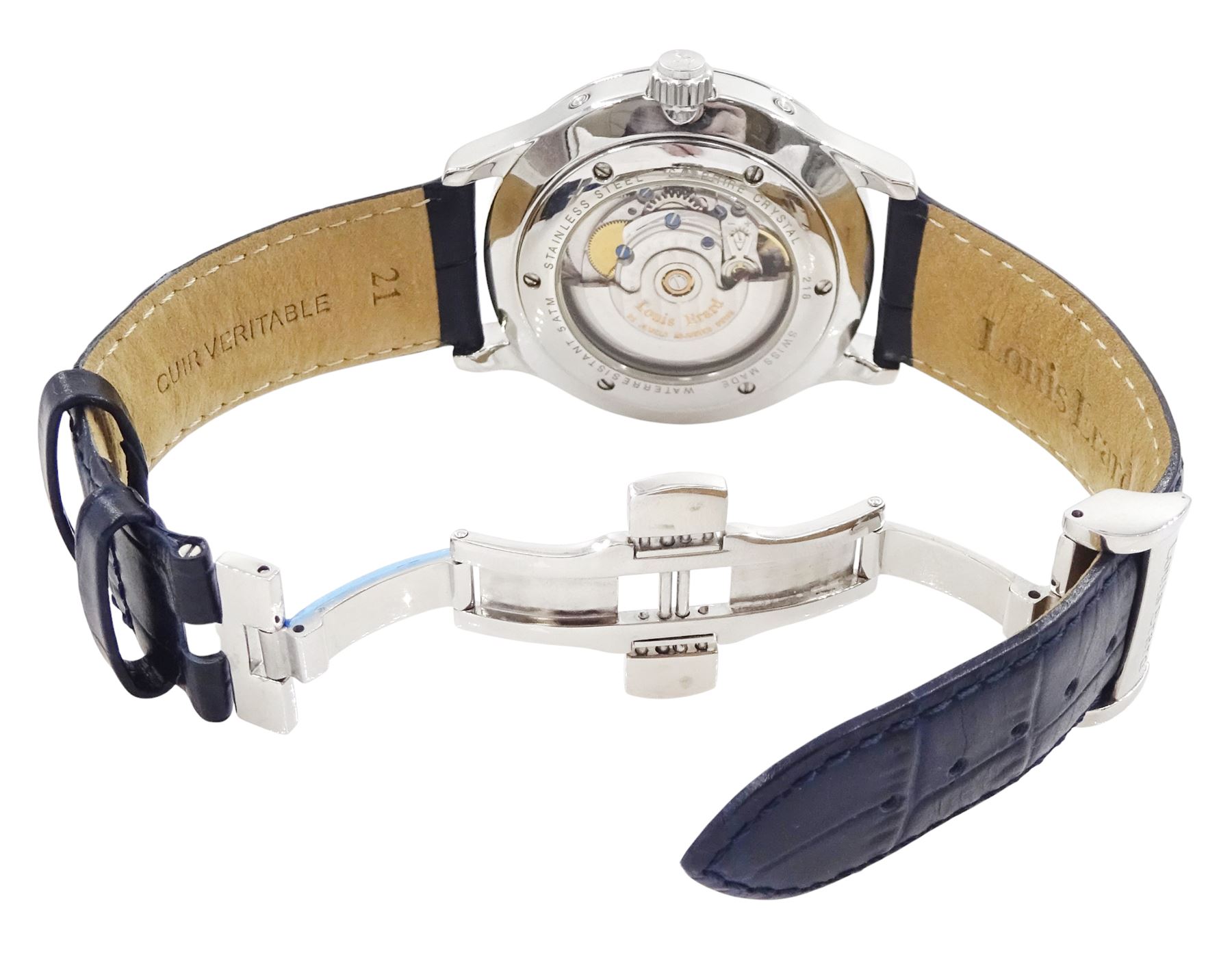 Louis Erard gentleman's stainless steel automatic moonphase wristwatch, blue dial with Arabic and dagger hour markers and day / date aperture, on blue leather strap, with fold-over clasp, boxed