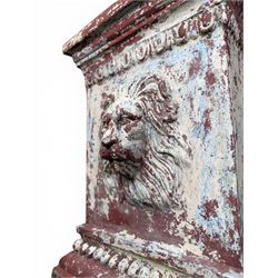 Early 20th century terracotta pedestal, square form with egg and dart detail, four lions masks to either side, finished in distressed cream paint