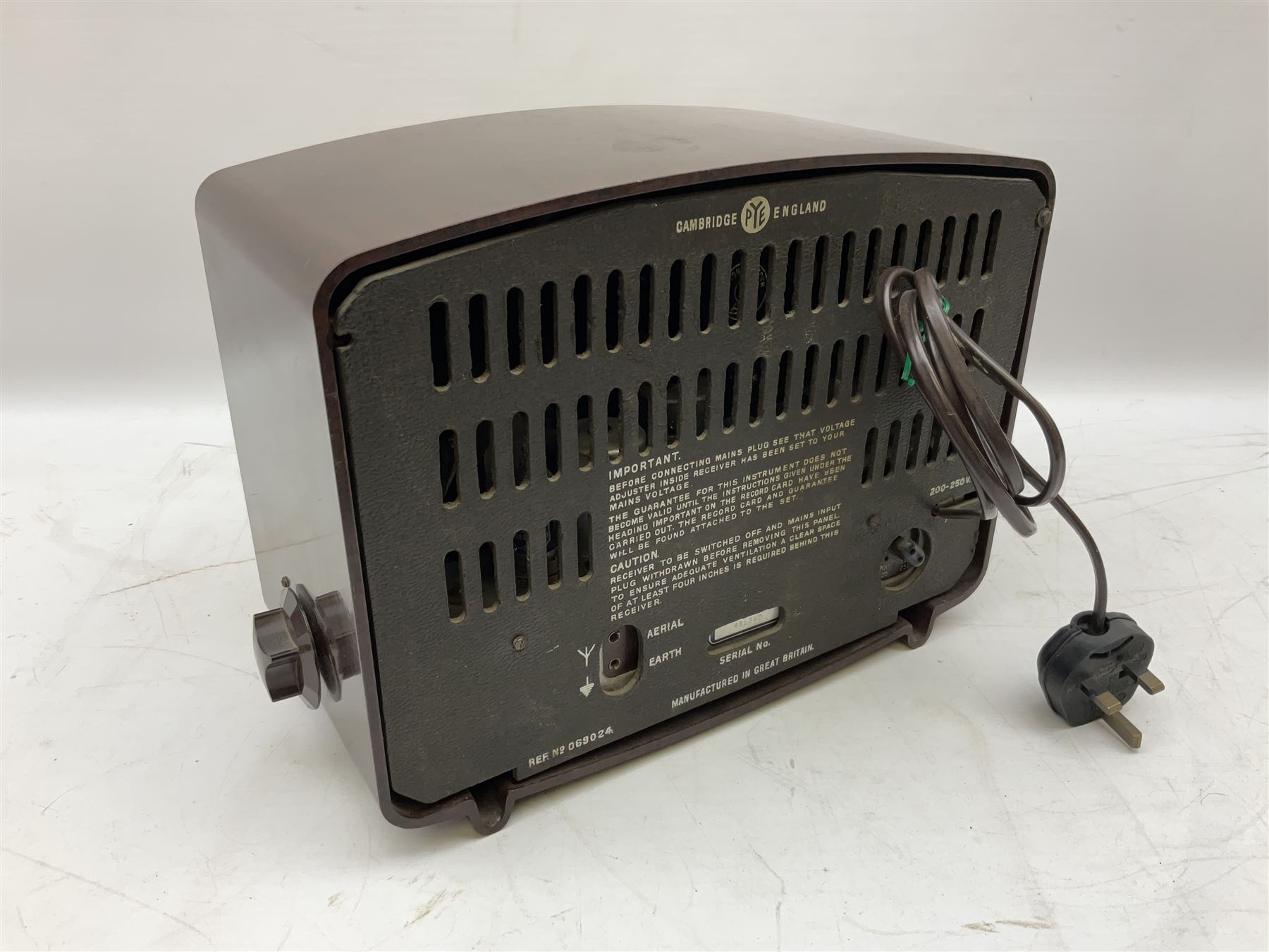 1950s Bush Type DAC 90A valve radio in brown Bakelite case, W29cm D19cm H22cm, two mid-century Ekco radios in Bakelite cases comprising Model U.195 and U.245, and further Pye Bakelite cased radio