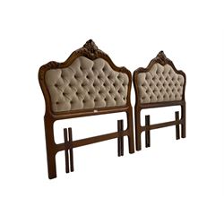 Pair Louis XVI design carved walnut single headboards, carved foliate cartouche pediment with extending scrollwork over inset buttoned cushion headboard