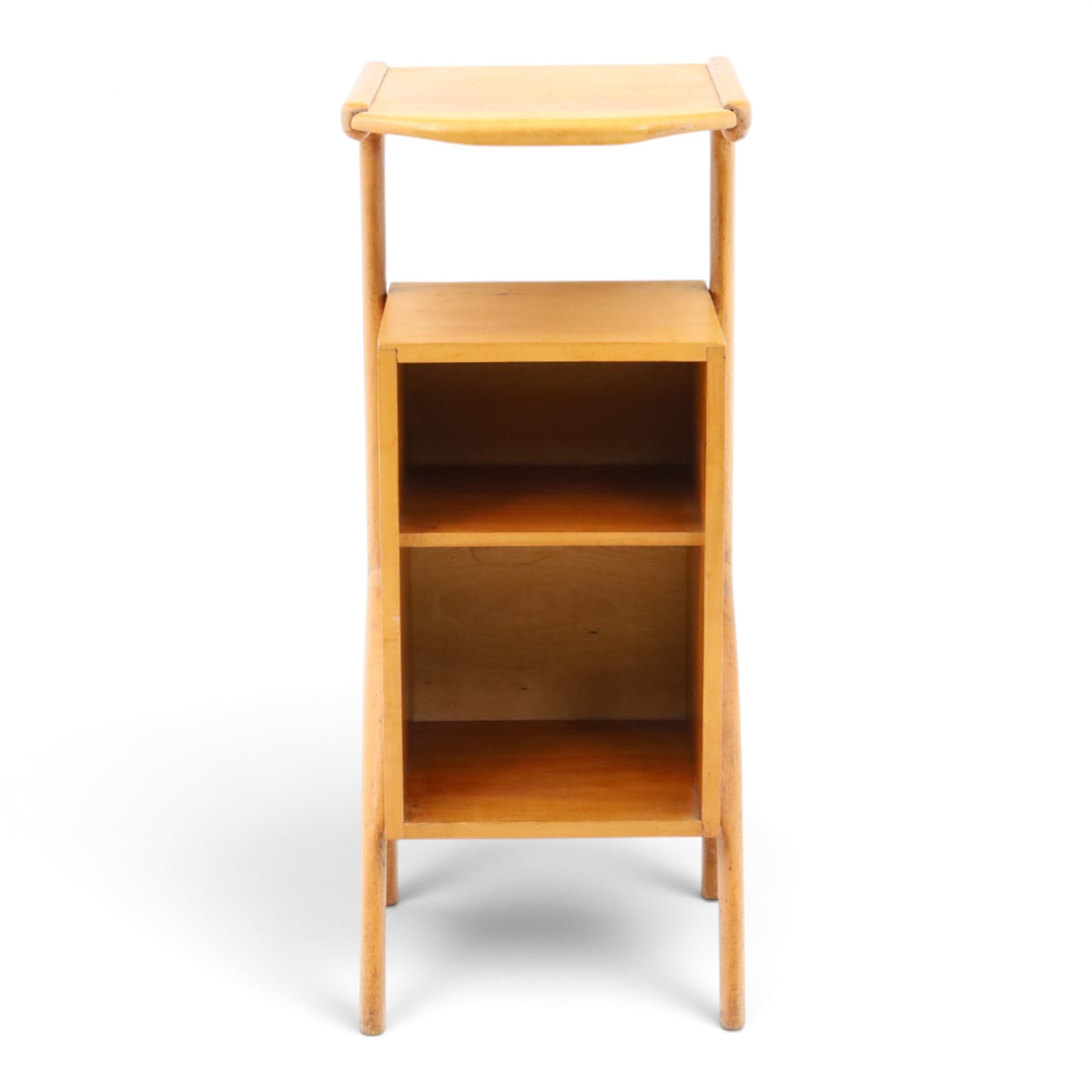 Mid-20th century teak side table with sliding top tray, raised sliding top above an open recess with two shelves, shaped frame support