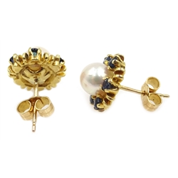  Pair of 9ct gold pearl and sapphire cluster stud earrings, stamped 375  